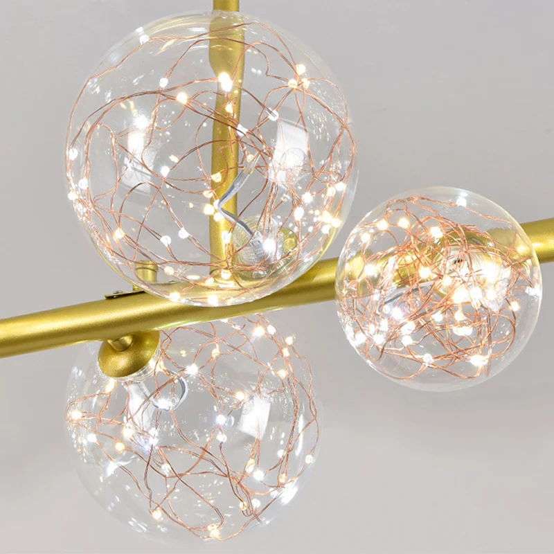 Plafonnier sphérique en verre transparent Mid-Century Gold Island pour table à manger Clearhalo