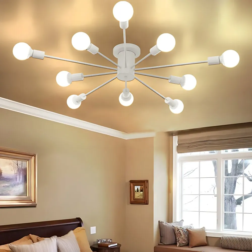 Plafonnier Spoutnik en métal nordique, 5/10 lumières, blanc/noir, Semi-encastré, pour chambre à coucher Clearhalo