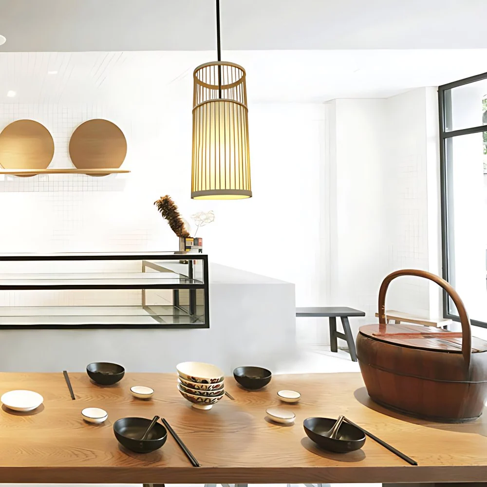 Plafonnier suspendu avec abat-jour en bambou, style contemporain, 1 lumière, luminaire suspendu beige Clearhalo