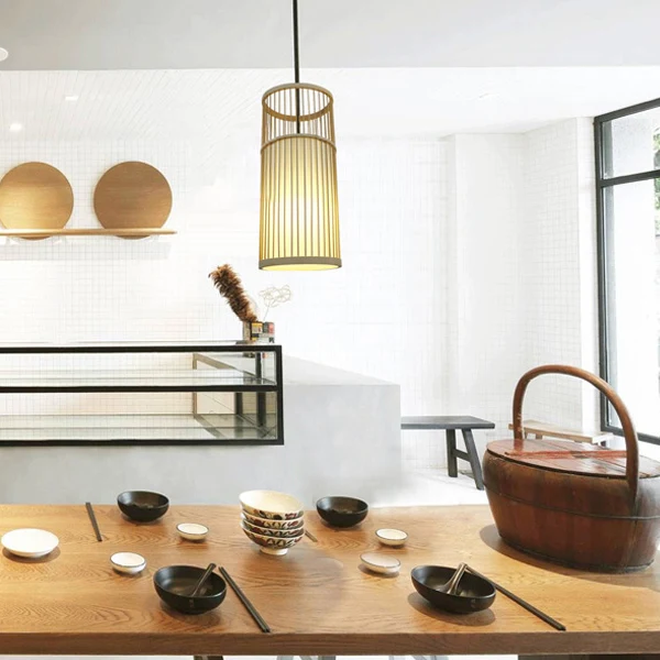 Plafonnier suspendu avec abat-jour en bambou, style contemporain, 1 lumière, luminaire suspendu beige Clearhalo
