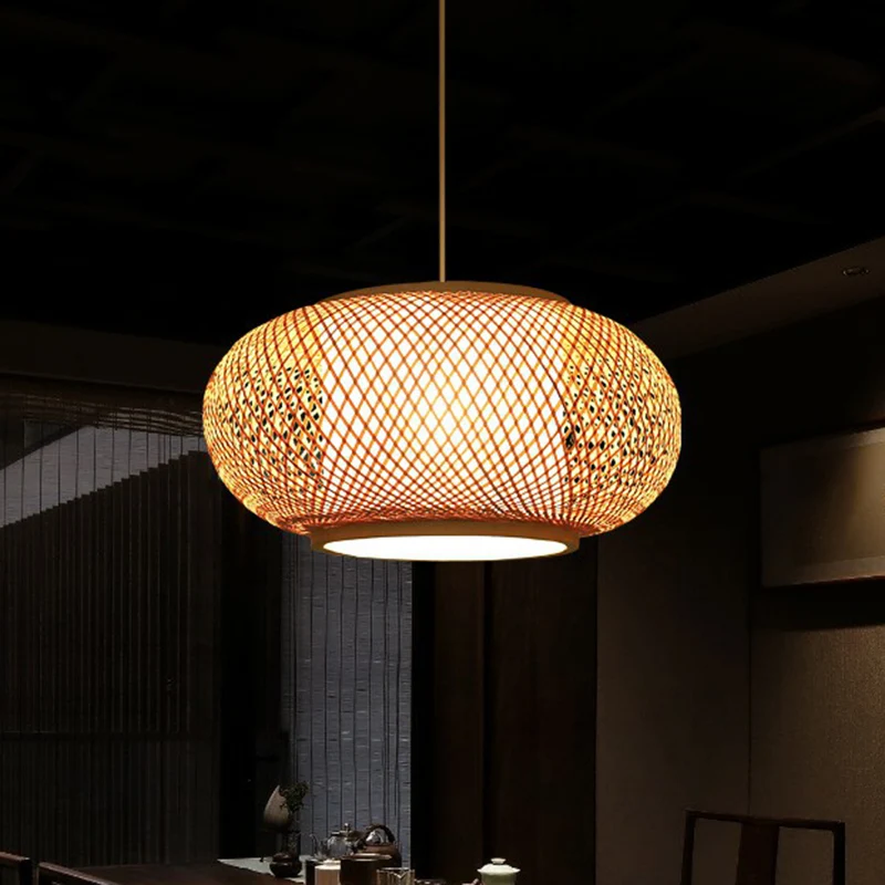 Plafonnier suspendu en bambou de Style Cage, luminaire suspendu Beige chinois à 1 ampoule pour salon de thé Clearhalo