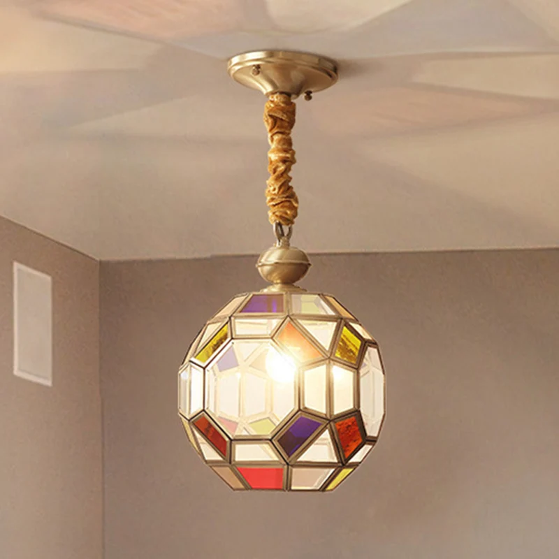 Plafonnier suspendu boule disco à facettes, 1 ampoule, finition laiton colonial, avec abat-jour en verre multicolore Clear...