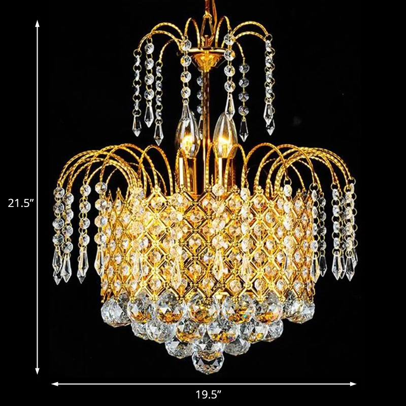 Plafonnier suspendu en cascade, boule de cristal contemporaine à facettes, 5 lumières, lustre doré, 16"/19,5" de large Cle...
