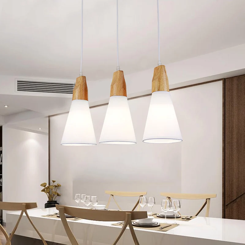 Plafonnier suspendu conique à 3 lumières, lampe suspendue contemporaine en tissu blanc/noir et bois au-dessus de la table...