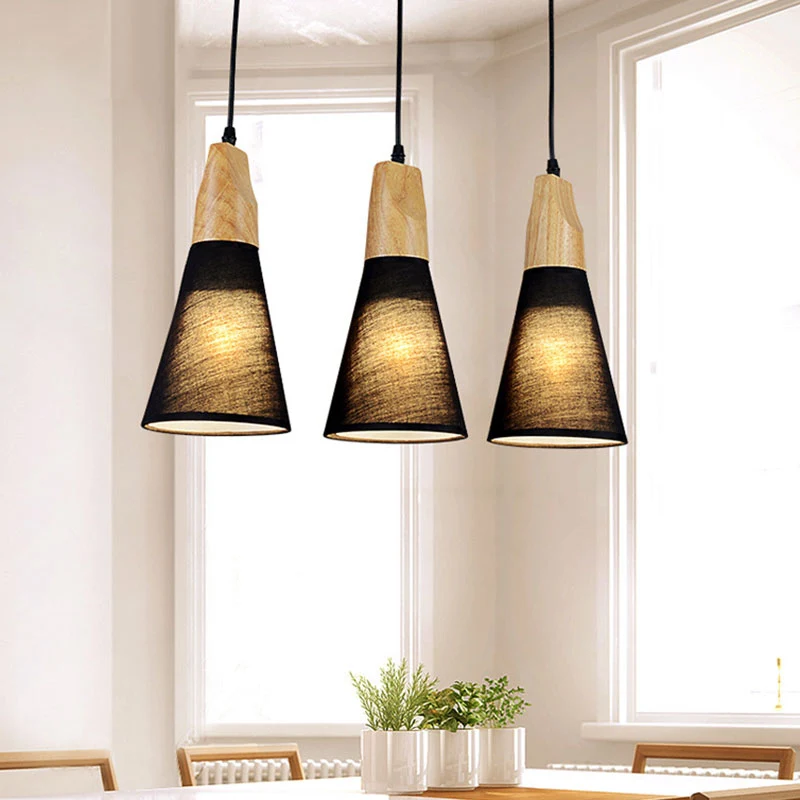 Plafonnier suspendu conique à 3 lumières, lampe suspendue contemporaine en tissu blanc/noir et bois au-dessus de la table...