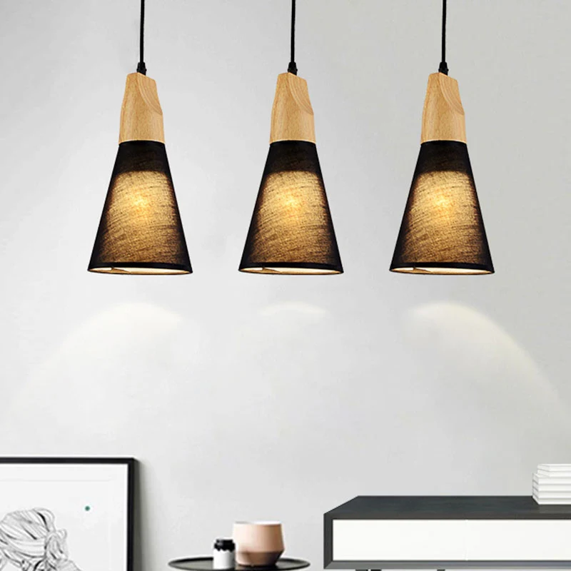 Plafonnier suspendu conique à 3 lumières, lampe suspendue contemporaine en tissu blanc/noir et bois au-dessus de la table...