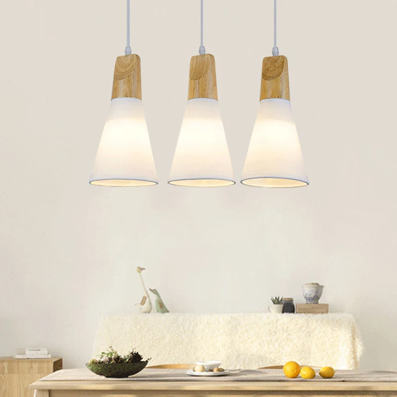 Plafonnier suspendu conique à 3 lumières, lampe suspendue contemporaine en tissu blanc/noir et bois au-dessus de la table...
