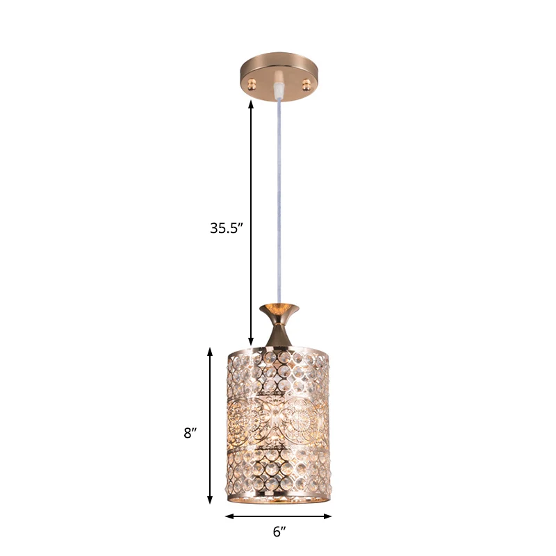 Plafonnier suspendu cylindrique doré, lampe suspendue en métal de Style moderniste à 1 tête avec décoration en cristal, la...