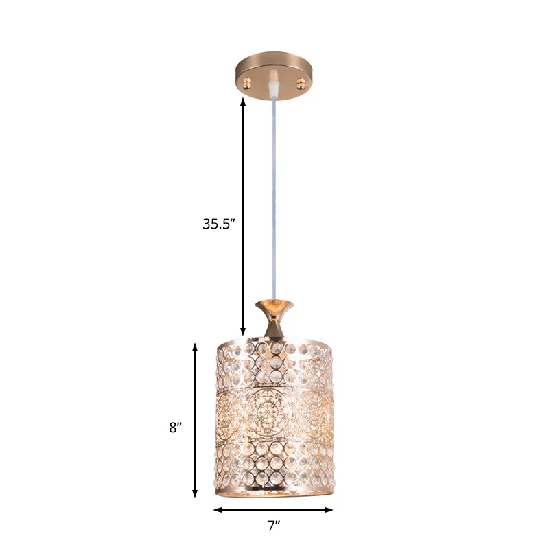 Plafonnier suspendu cylindrique doré, lampe suspendue en métal de Style moderniste à 1 tête avec décoration en cristal, la...
