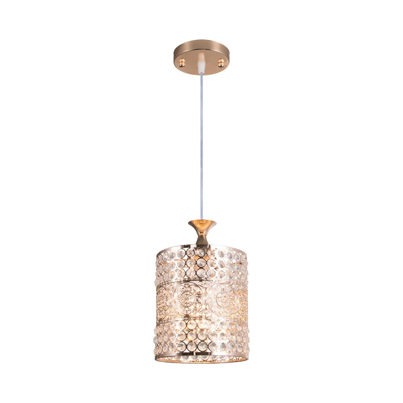 Plafonnier suspendu cylindrique doré, lampe suspendue en métal de Style moderniste à 1 tête avec décoration en cristal, la...