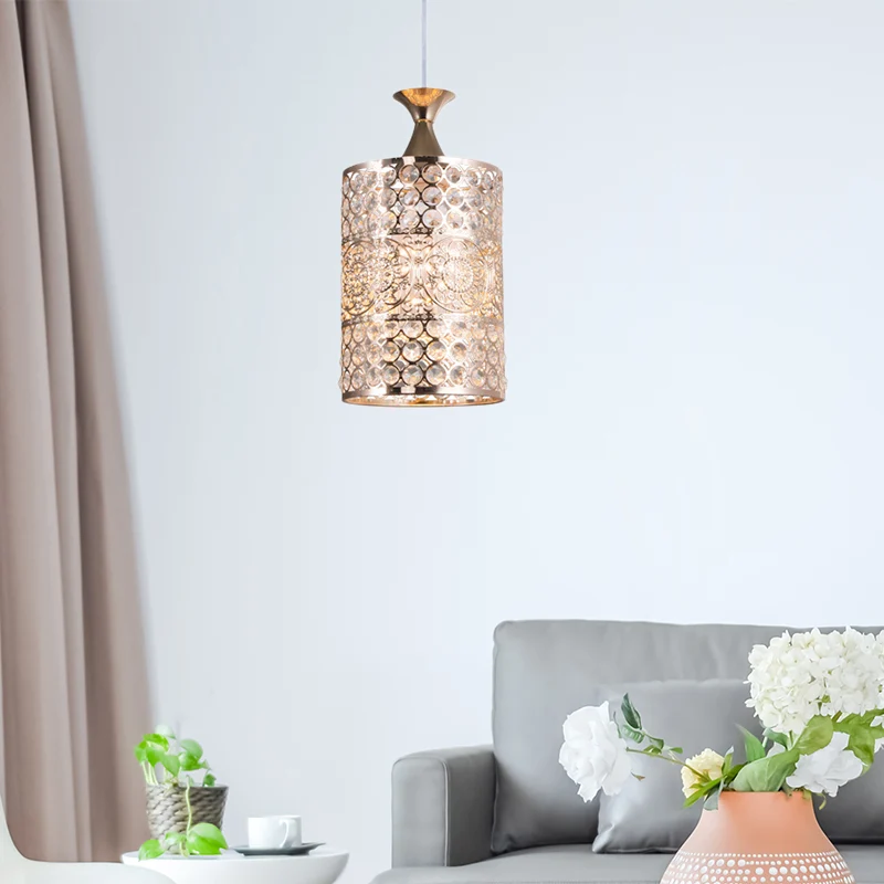 Plafonnier suspendu cylindrique doré, lampe suspendue en métal de Style moderniste à 1 tête avec décoration en cristal, la...