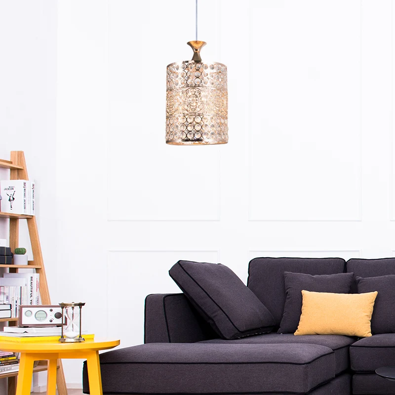 Plafonnier suspendu cylindrique doré, lampe suspendue en métal de Style moderniste à 1 tête avec décoration en cristal, la...