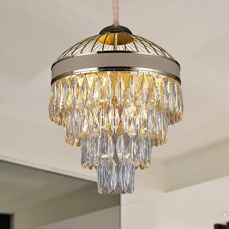 Plafonnier suspendu doré à 4 niveaux, lustre contemporain à 7 lumières en cristal Clearhalo