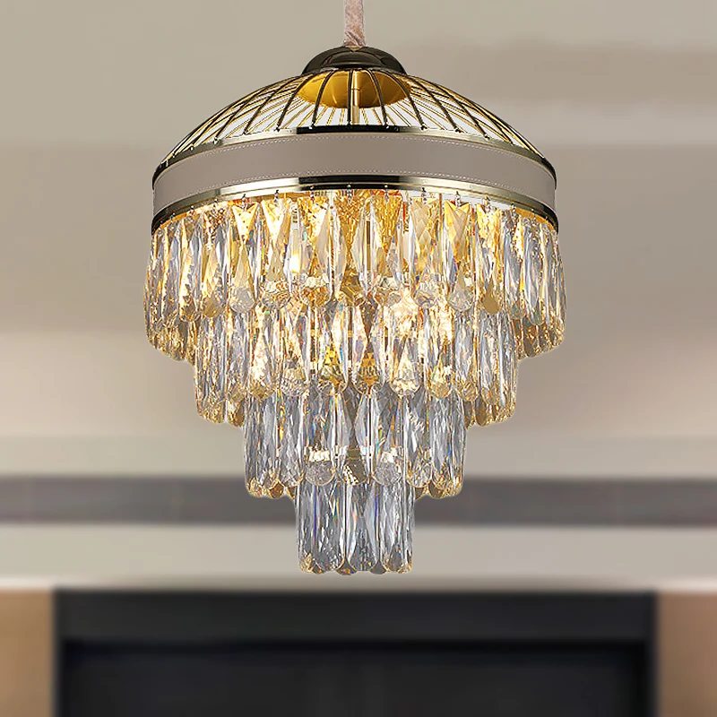 Plafonnier suspendu doré à 4 niveaux, lustre contemporain à 7 lumières en cristal Clearhalo
