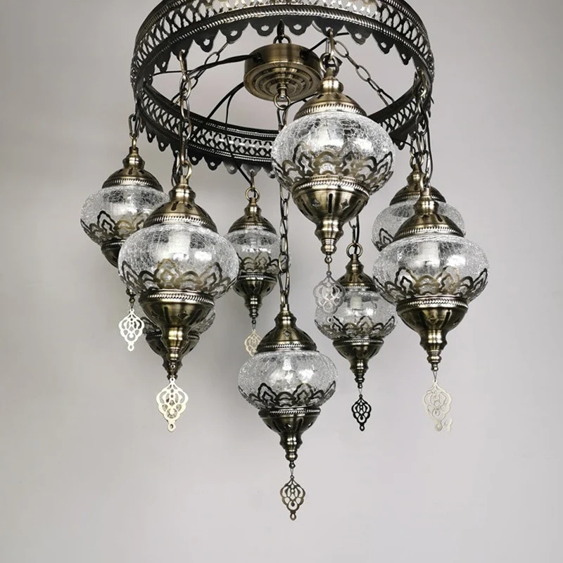 Plafonnier suspendu elliptique en Bronze, lustre suspendu Vintage en verre craquelé transparent à 9 têtes pour chambre à c...