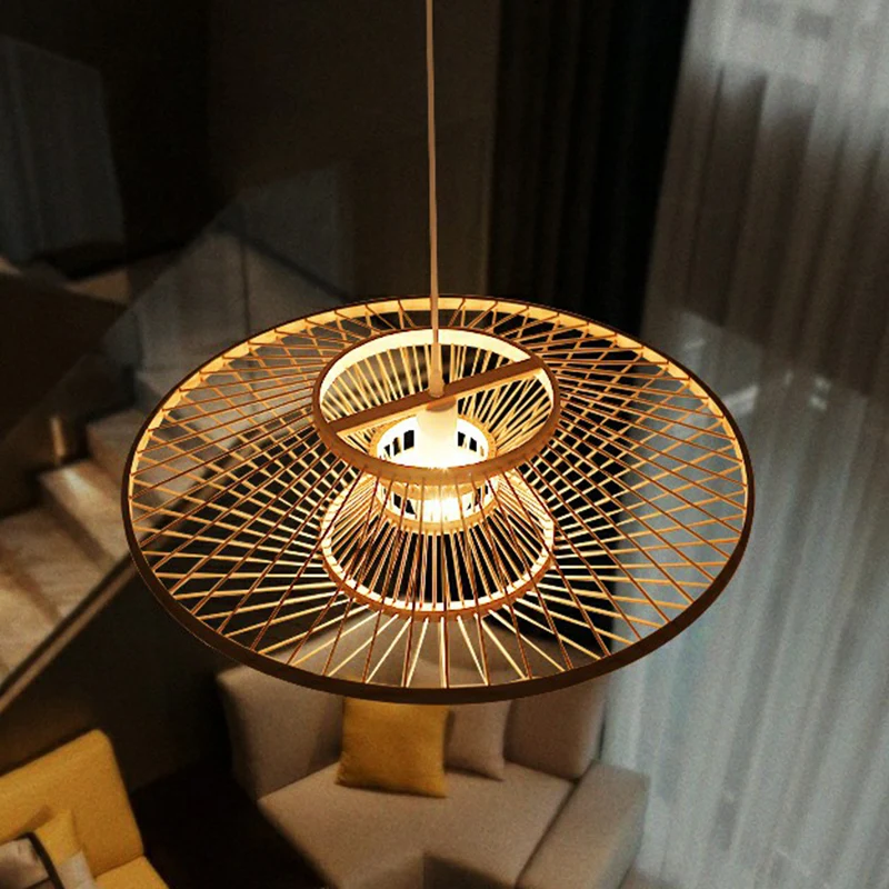 Plafonnier suspendu fabriqué à la main, moderne, en bambou, 1 ampoule, pour salon de thé, beige Clearhalo