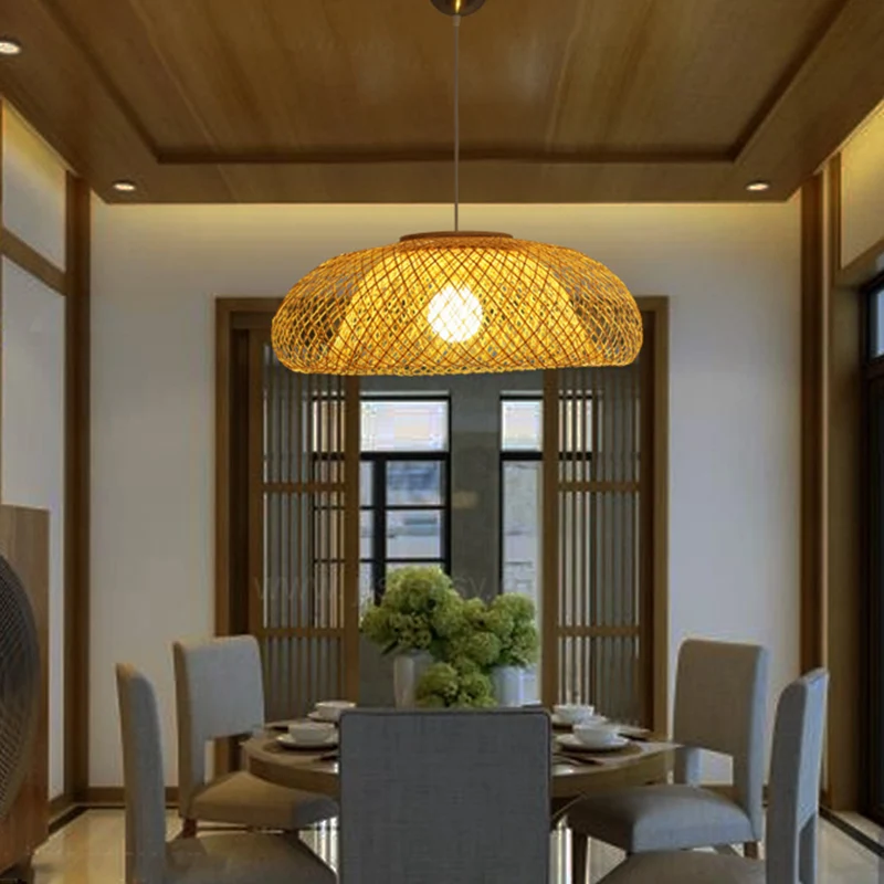Plafonnier suspendu en forme de bol en bambou, Style moderne, 1 lumière, Beige, pour Restaurant, 16.5/20.5/24.5 pouces Cle...