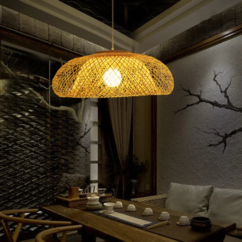 Plafonnier suspendu en forme de bol en bambou, Style moderne, 1 lumière, Beige, pour Restaurant, 16.5/20.5/24.5 pouces Cle...
