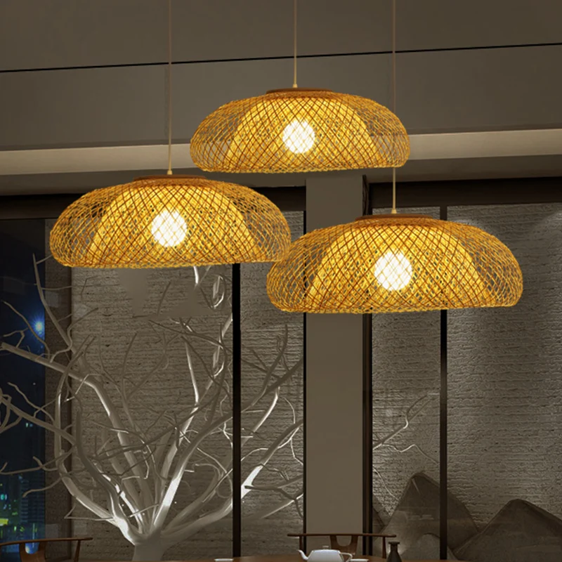 Plafonnier suspendu en forme de bol en bambou, Style moderne, 1 lumière, Beige, pour Restaurant, 16.5/20.5/24.5 pouces Cle...