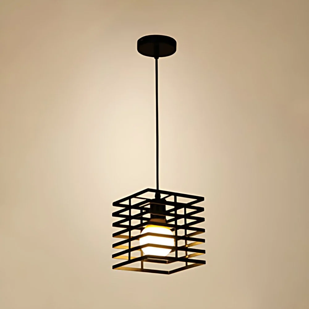 Plafonnier suspendu en forme de Cage carrée pour Restaurant, Style rétro, en métal, 1 lumière, noir/blanc Clearhalo