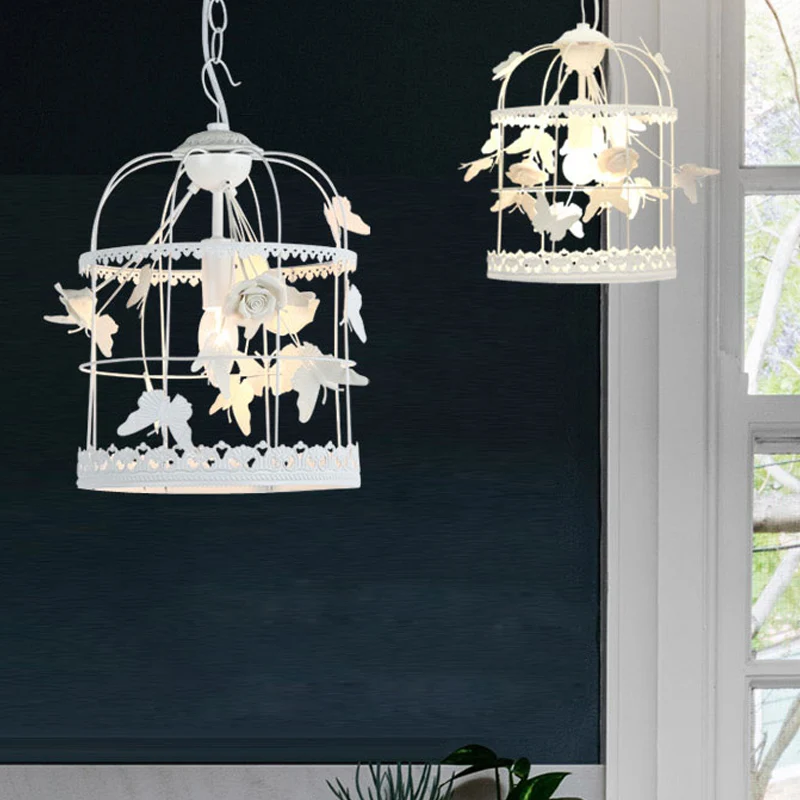 Plafonnier suspendu en forme de cage à oiseaux blanche, en métal traditionnel, 1 lumière, luminaire décoratif d'intérieur,...