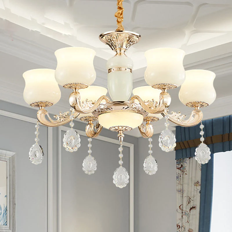 Plafonnier suspendu en forme d'urne en faux jade, lustre moderniste avec accents de cristal en blanc Clearhalo