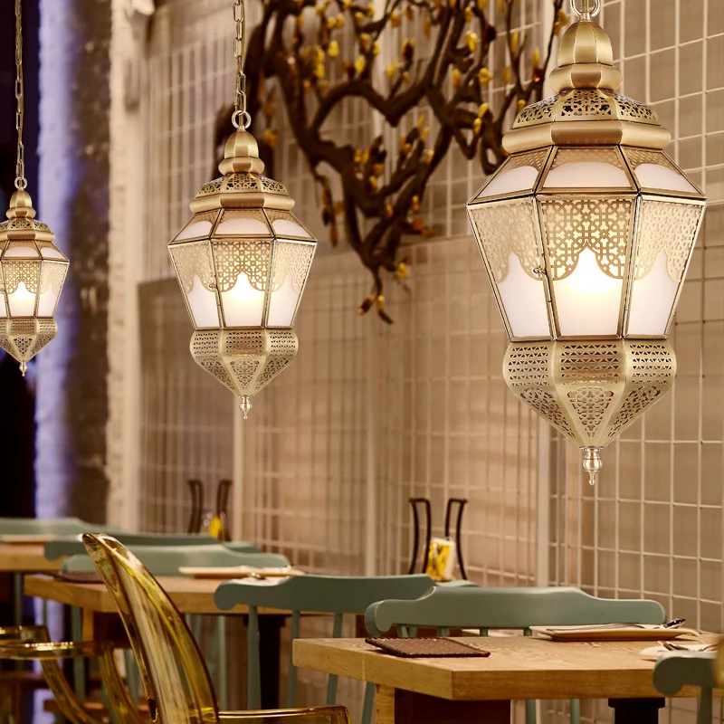 Plafonnier suspendu en laiton à 2 lumières, lanterne en métal de Style arabe, éclairage de lustre pour café Clearhalo