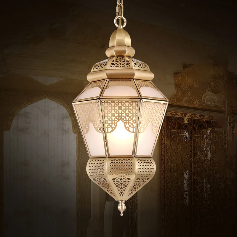 Plafonnier suspendu en laiton à 2 lumières, lanterne en métal de Style arabe, éclairage de lustre pour café Clearhalo