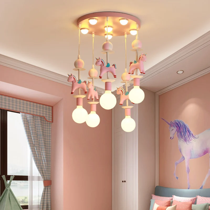 Plafonnier suspendu licorne arc-en-ciel en résine pour enfants, lampe multi-lampes Clearhalo