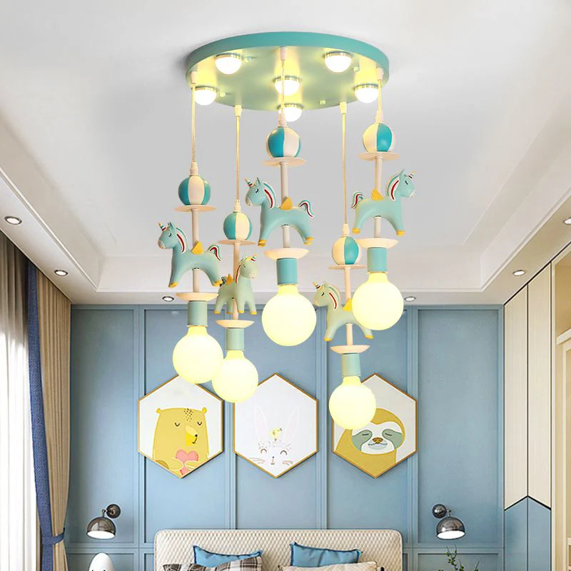 Plafonnier suspendu licorne arc-en-ciel en résine pour enfants, lampe multi-lampes Clearhalo