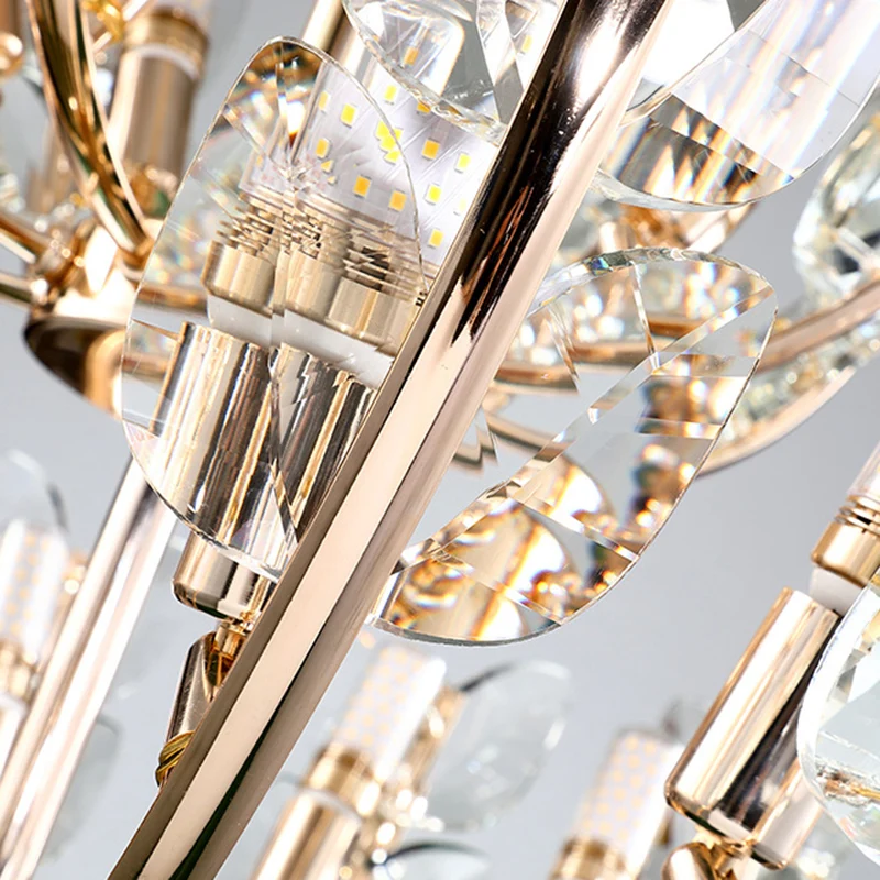 Plafonnier suspendu moderniste à bras incurvé, feuille de cristal, 8/10 têtes, lampe de lustre de salle à manger en laiton...