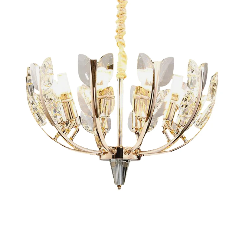 Plafonnier suspendu moderniste à bras incurvé, feuille de cristal, 8/10 têtes, lampe de lustre de salle à manger en laiton...