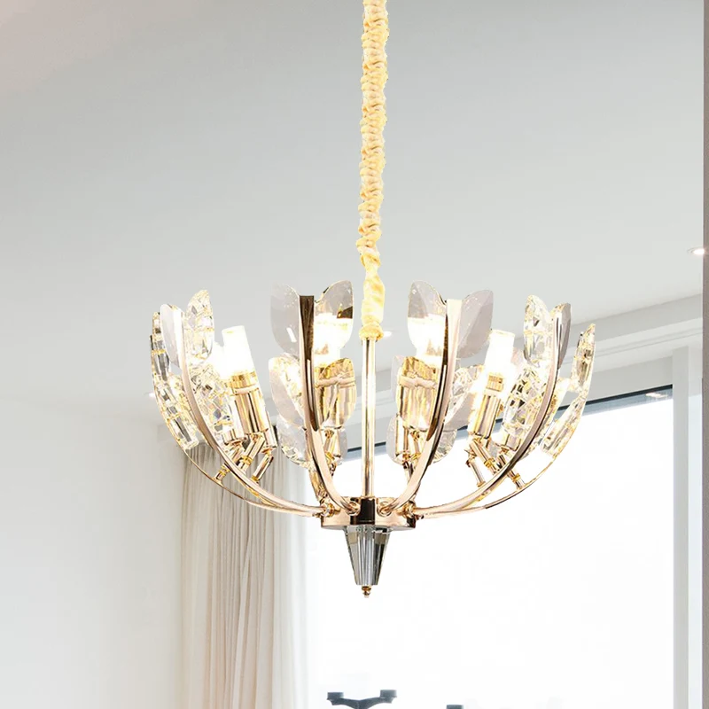 Plafonnier suspendu moderniste à bras incurvé, feuille de cristal, 8/10 têtes, lampe de lustre de salle à manger en laiton...