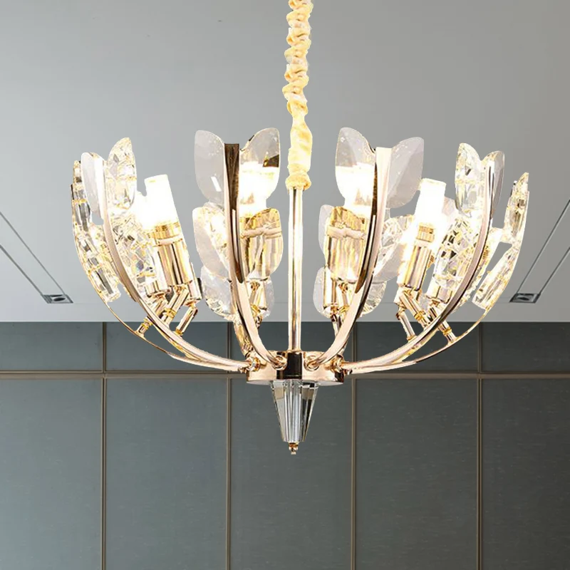 Plafonnier suspendu moderniste à bras incurvé, feuille de cristal, 8/10 têtes, lampe de lustre de salle à manger en laiton...
