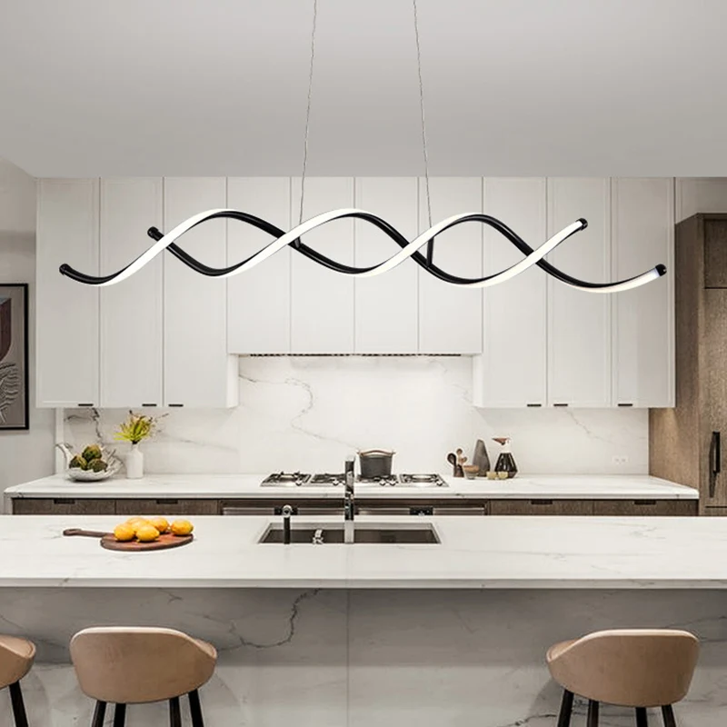 Plafonnier suspendu en métal LED pour salle à manger Wave, luminaire contemporain suspendu en noir Clearhalo