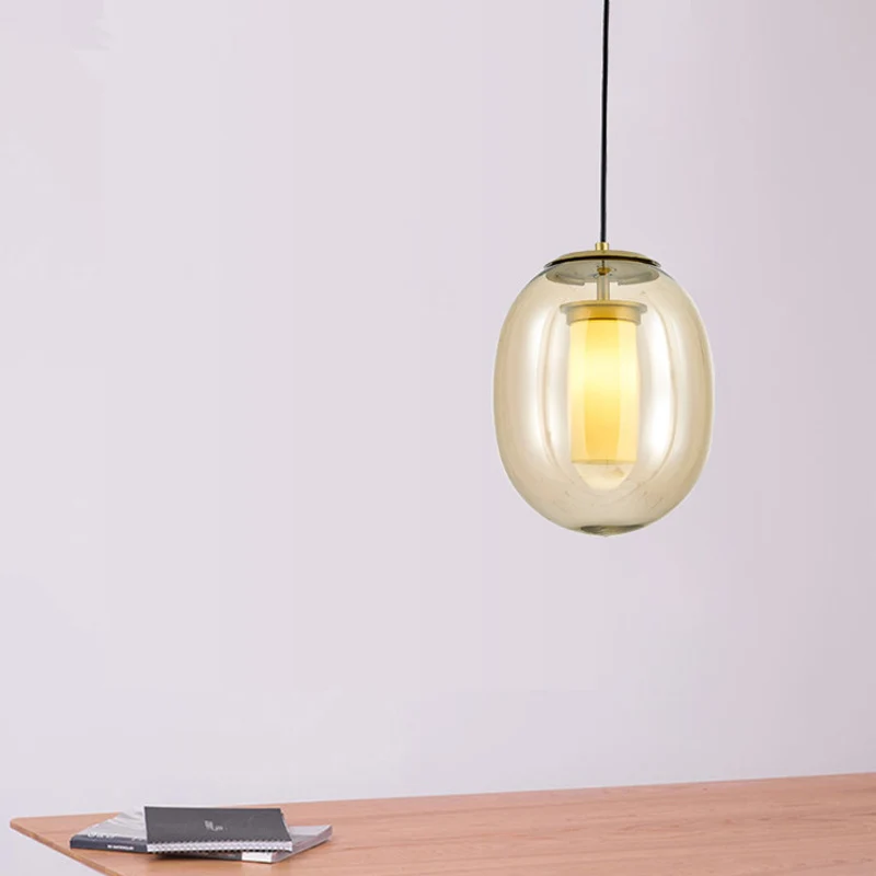 Plafonnier suspendu ovale en verre ambré contemporain 1 tête 7 "/8,5" Kit de lampe suspendue dorée Clearhalo