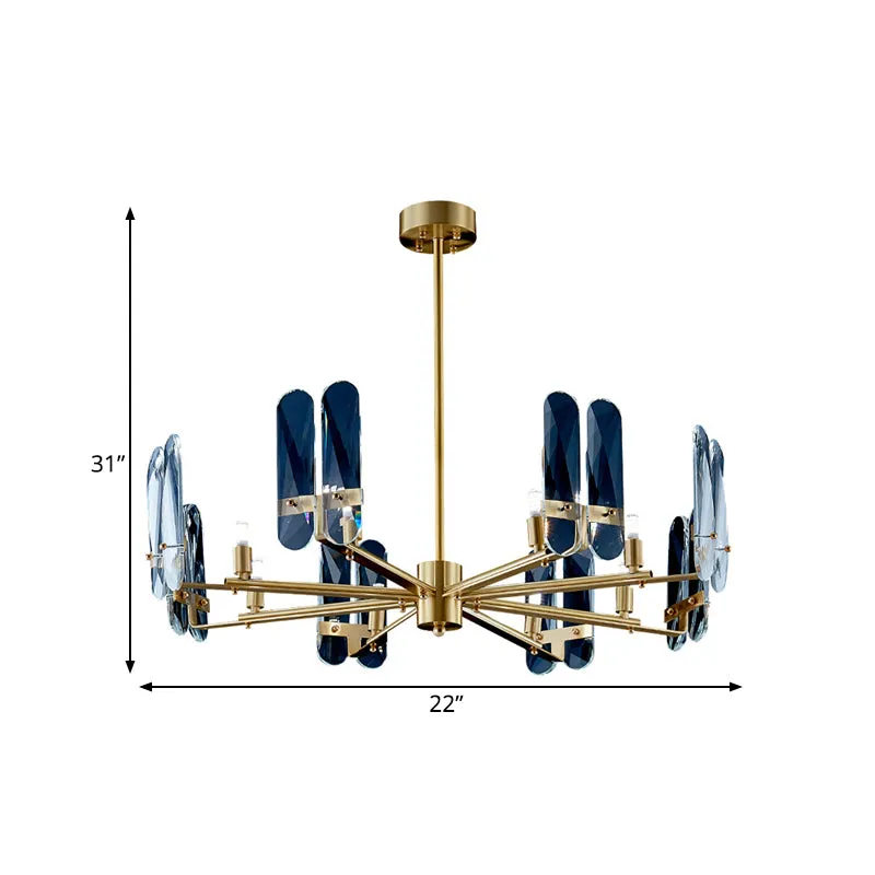 Plafonnier suspendu à panneau ovale en verre bleu, plafonnier postmoderne à 8 ampoules en laiton LED avec Design Radial Cl...