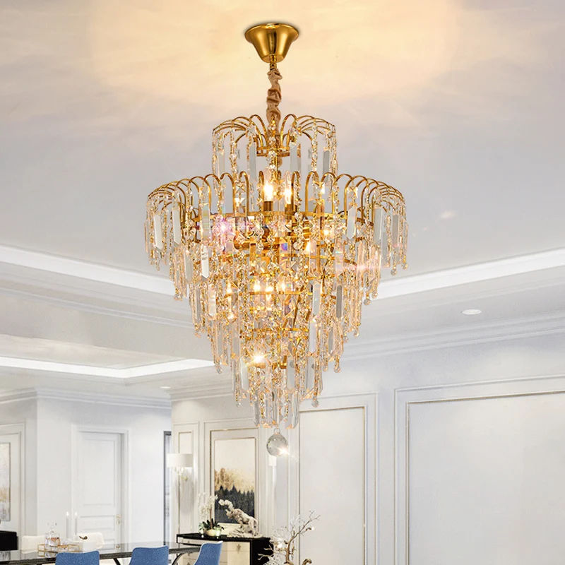 Plafonnier suspendu à plusieurs niveaux en cristal moderniste, lustre doré à 4 lumières pour salle à manger Clearhalo