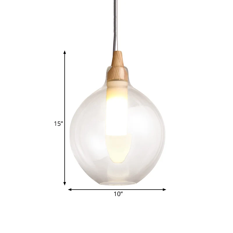 Plafonnier suspendu simple à 1 lumière en verre transparent à double abat-jour avec joint en bois Clearhalo