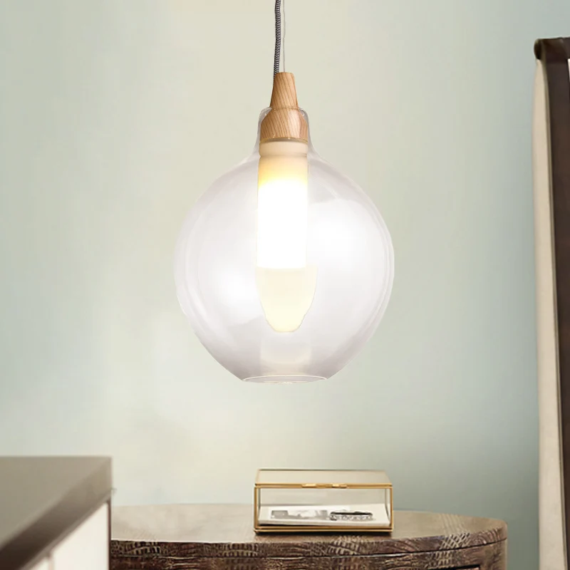 Plafonnier suspendu simple à 1 lumière en verre transparent à double abat-jour avec joint en bois Clearhalo