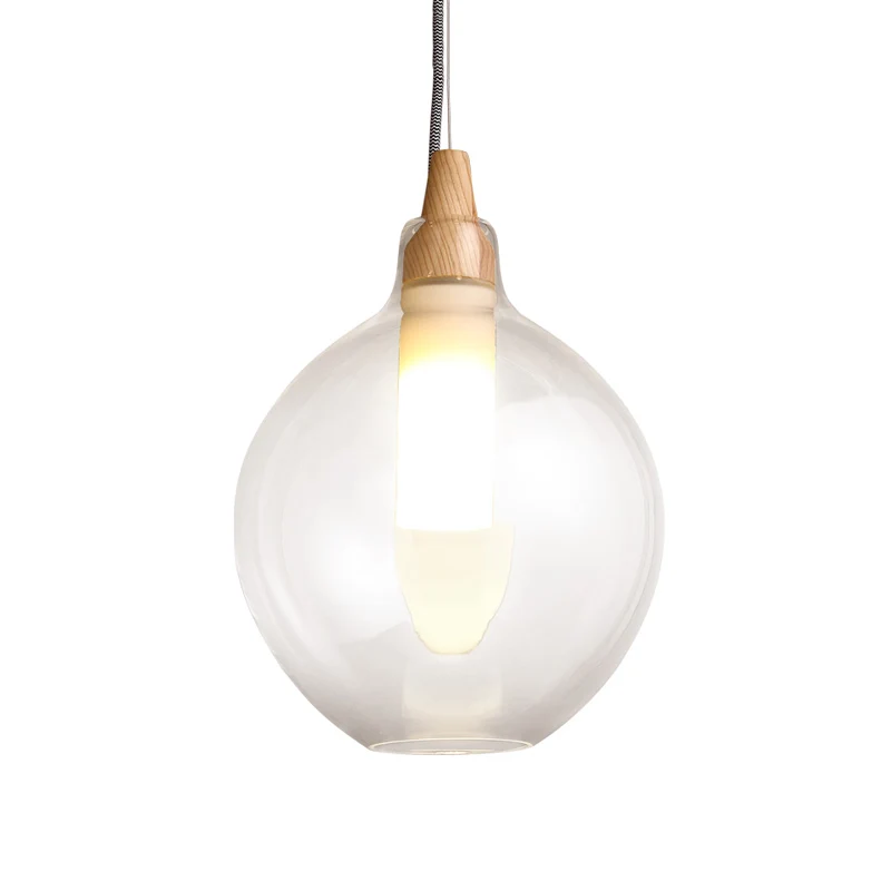 Plafonnier suspendu simple à 1 lumière en verre transparent à double abat-jour avec joint en bois Clearhalo