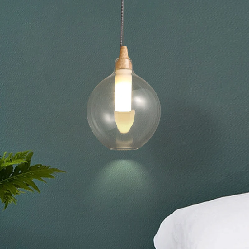 Plafonnier suspendu simple à 1 lumière en verre transparent à double abat-jour avec joint en bois Clearhalo