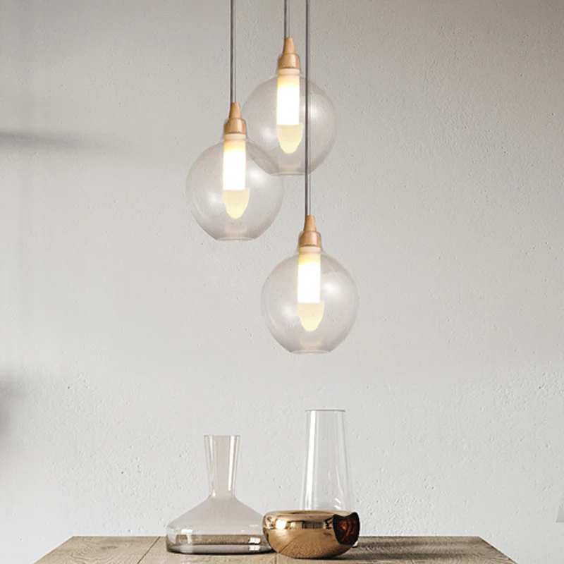 Plafonnier suspendu simple à 1 lumière en verre transparent à double abat-jour avec joint en bois Clearhalo