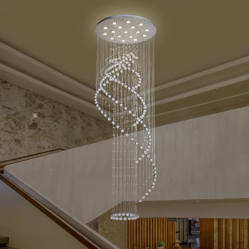 Plafonnier suspendu en spirale pour hall d'entrée, design moderne en cascade de cristal LED chromé, luminaire suspendu mul...