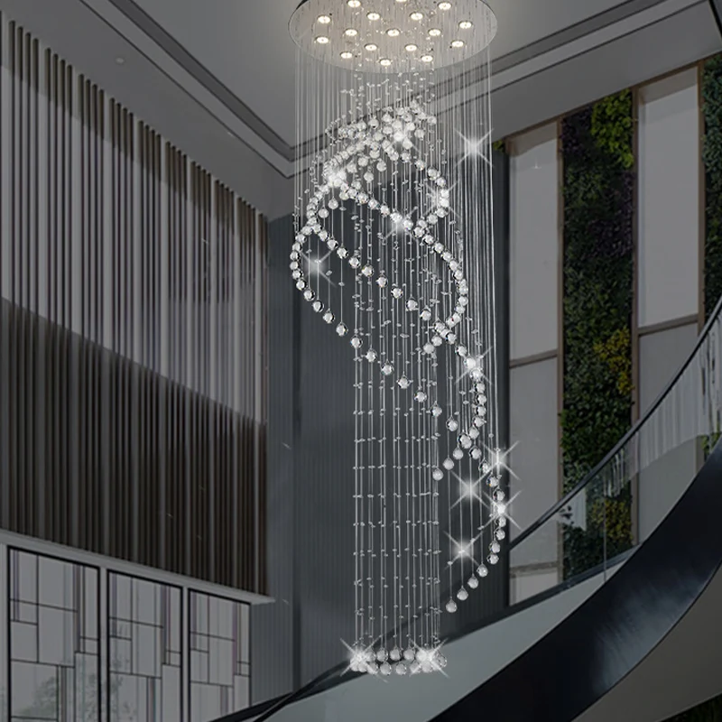 Plafonnier suspendu en spirale pour hall d'entrée, design moderne en cascade de cristal LED chromé, luminaire suspendu mul...