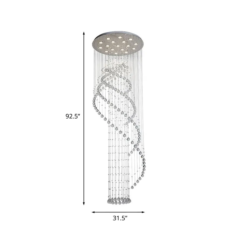 Plafonnier suspendu en spirale pour hall d'entrée, design moderne en cascade de cristal LED chromé, luminaire suspendu mul...