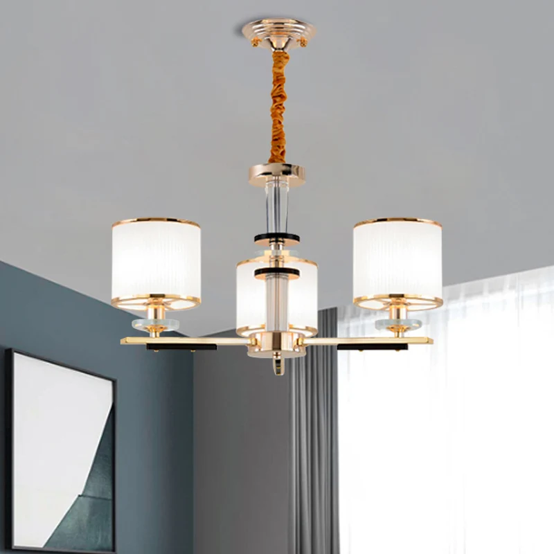 Plafonnier suspendu à 3 têtes pour salon, lustre doré simple avec abat-jour en verre opale à tambour Clearhalo