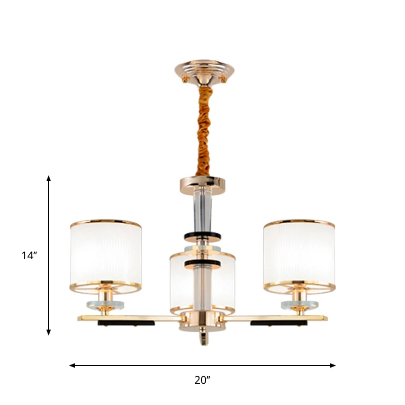 Plafonnier suspendu à 3 têtes pour salon, lustre doré simple avec abat-jour en verre opale à tambour Clearhalo