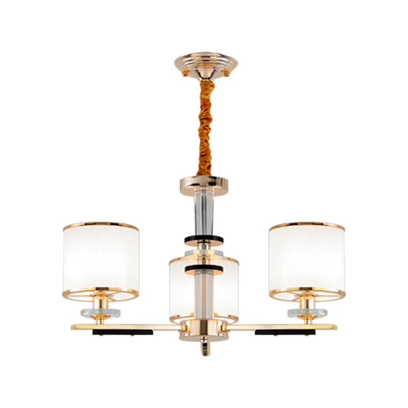 Plafonnier suspendu à 3 têtes pour salon, lustre doré simple avec abat-jour en verre opale à tambour Clearhalo