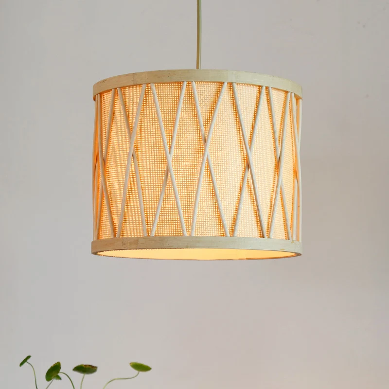 Plafonnier tambour en bambou moderne à 1 ampoule, luminaire suspendu en Beige pour le salon Clearhalo